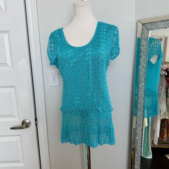 Vintage Fairycore Teal Crochet Swim Cover-Up knit mermaidcore XL - Picture 2 of 8